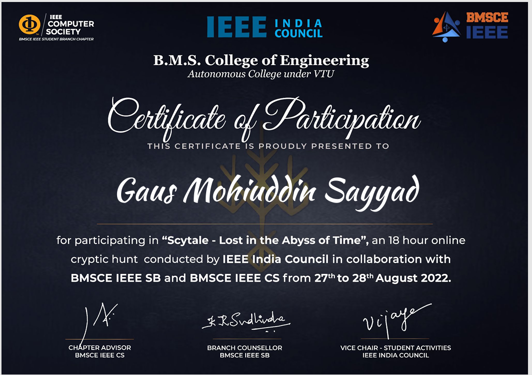 Participated in IEEE Skytale Cryptic Hunt