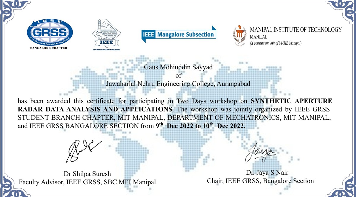 Participated in Two Days Workshop on Synthetic Aperture Radar Data Analysis and Applications