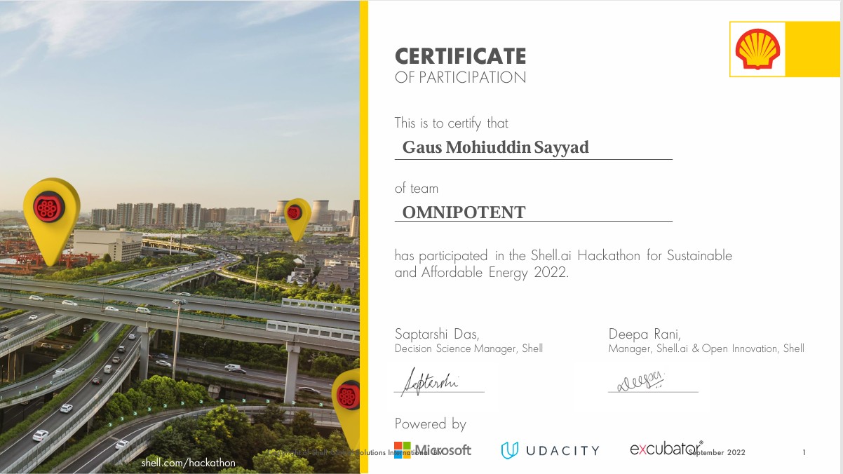 Participated in Shell.ai Hackathon for Sustainable and Affordable Energy 2022