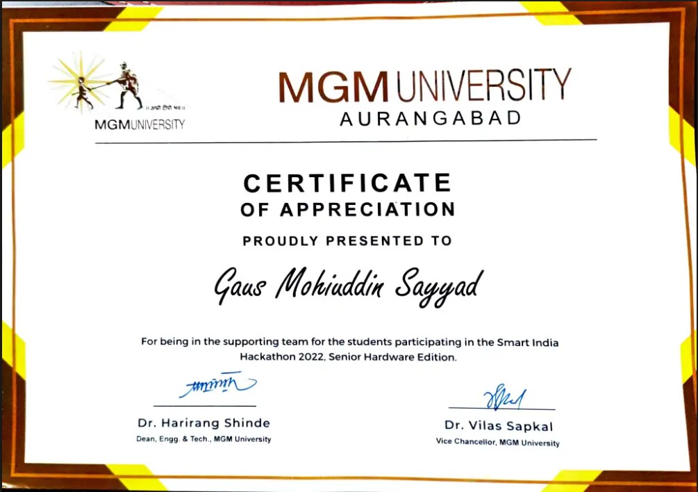 Felicitated by MGM University for Being Part of the Supporting Team in Smart India Hackathon 2022